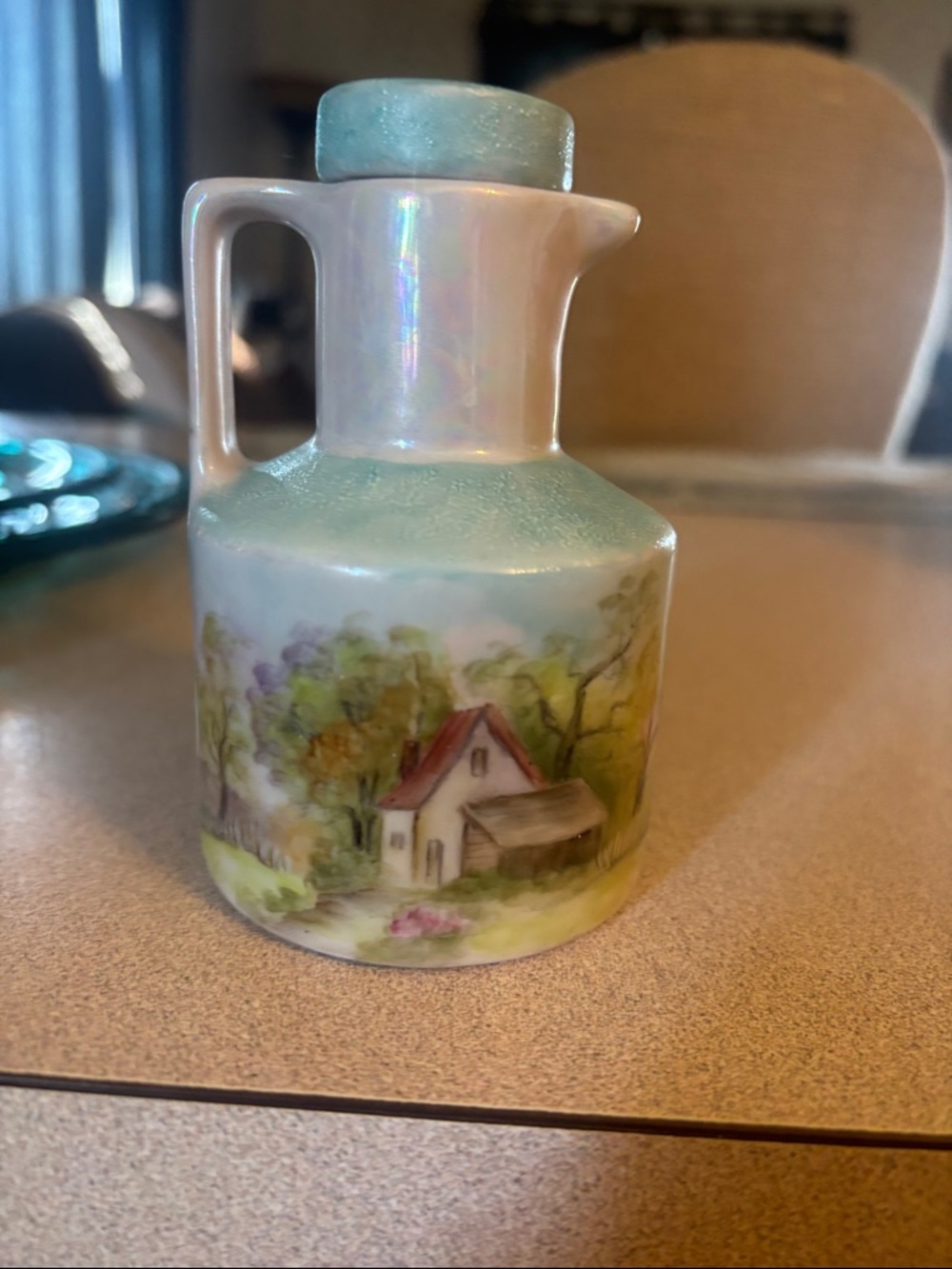 Hand-Painted Porcelain Pitcher with Cottage Scene - Iridescent Mint & Pastel
